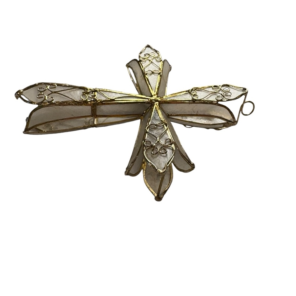 Iridescent Capiz Shell 3D Cross with Gold Filagree Christmas Decor - Picture 3 of 7